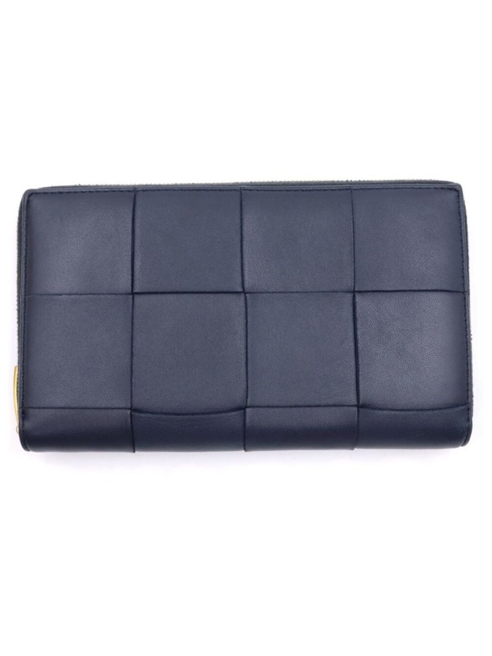Bottega Veneta Maxi Intrecciato Round Zip Wallet Card Case Navy Leather Gold